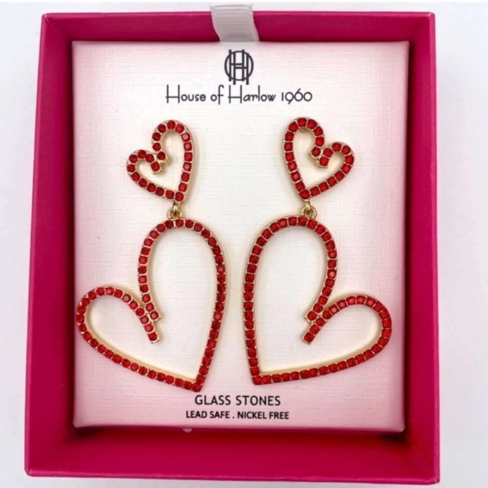 ♥️▪️ House of Harlow ▪️1960 red crystals embellished hearts hoop earrings